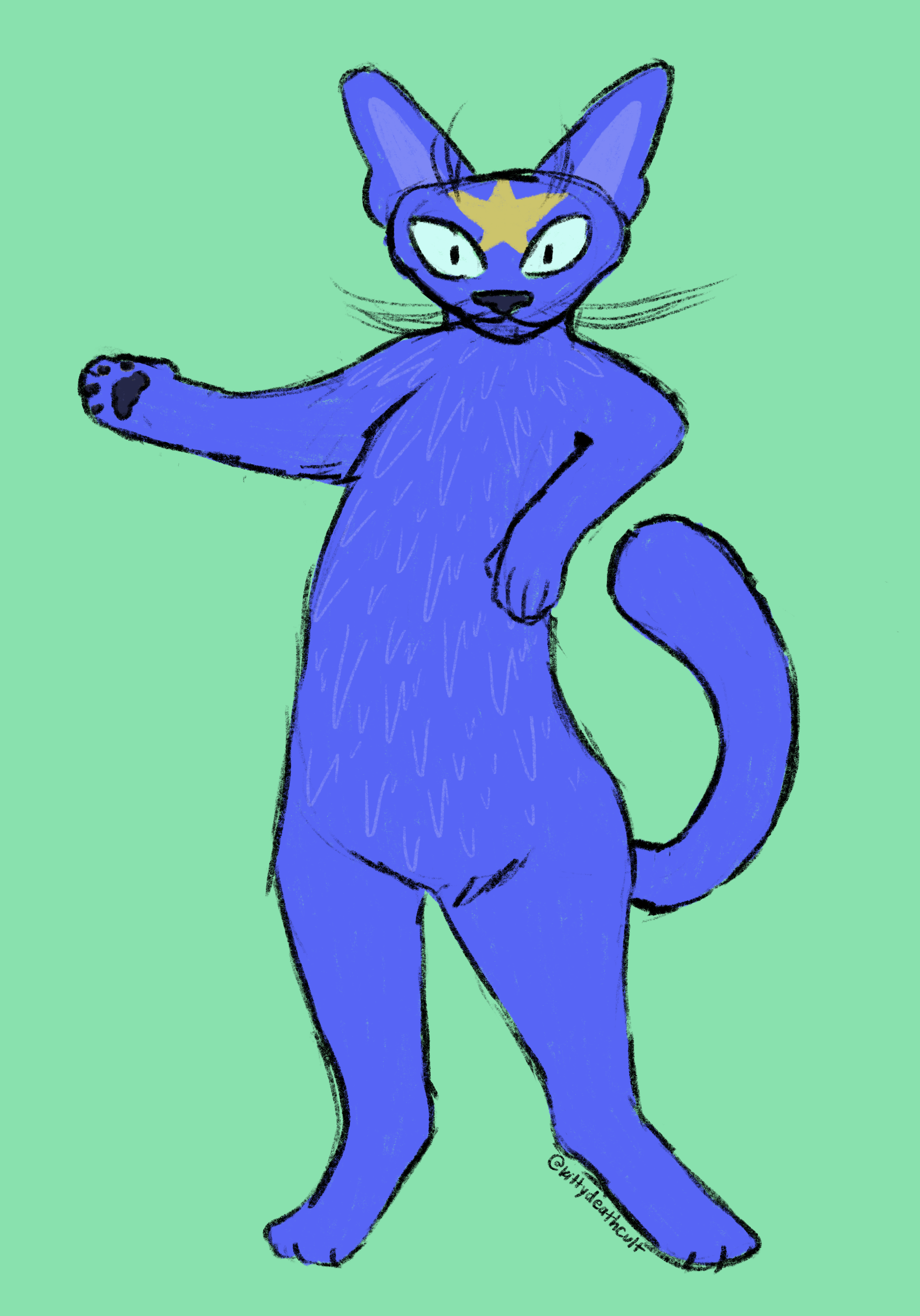 A digital drawing of an anthropomorphized Bluestar from the Warriors cats series. She is standing with one paw outstretched and she has a yellow star on her head.